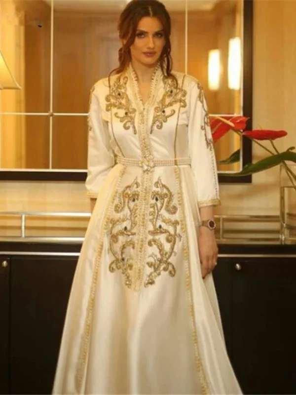 Gold Wedding Dresses Elegant White Moroccan Caftan Long Sleeves Dress