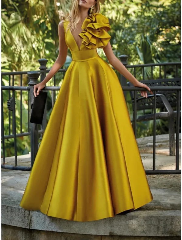 Gold Wedding Dresses: Elegant Satin Floor-Length Sleeveless V-neck Dress