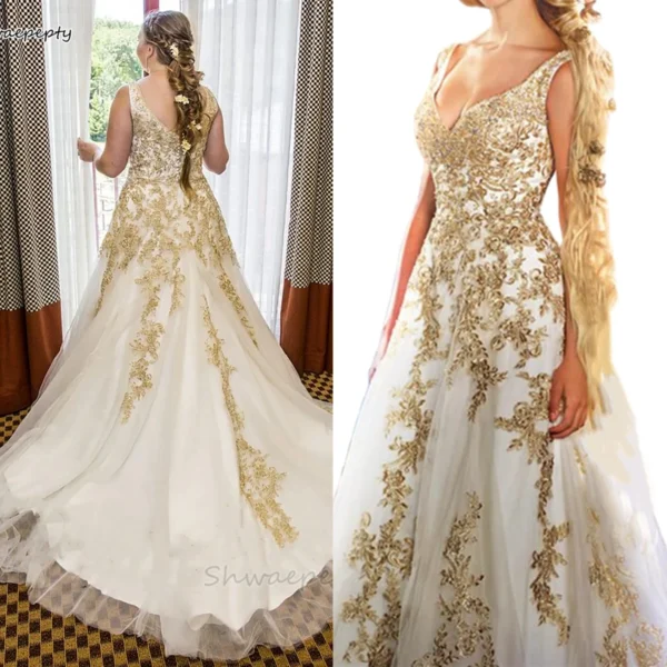 Princess Wedding Dress White Gold A-Line Bridal Gown Customized