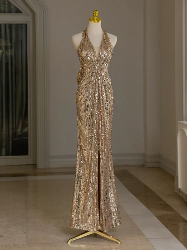 Gold V-Neck Evening Gown Sexy Tulle Backless Sleeveless Ball Dress