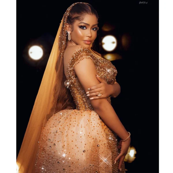 Gold Wedding Dresses: Beaded Sequined Bridal Gown with Detachable Train - Image 2