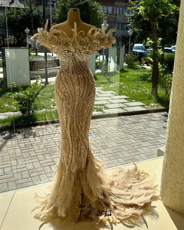 Gold wedding dresses, luxury Dubai crystal feathers mermaid evening gown