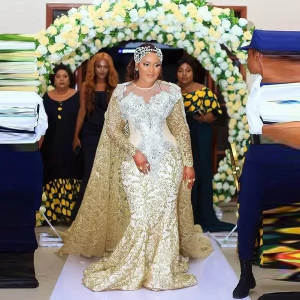 Customized African Lace Wedding Dress With Long Tassels Beads