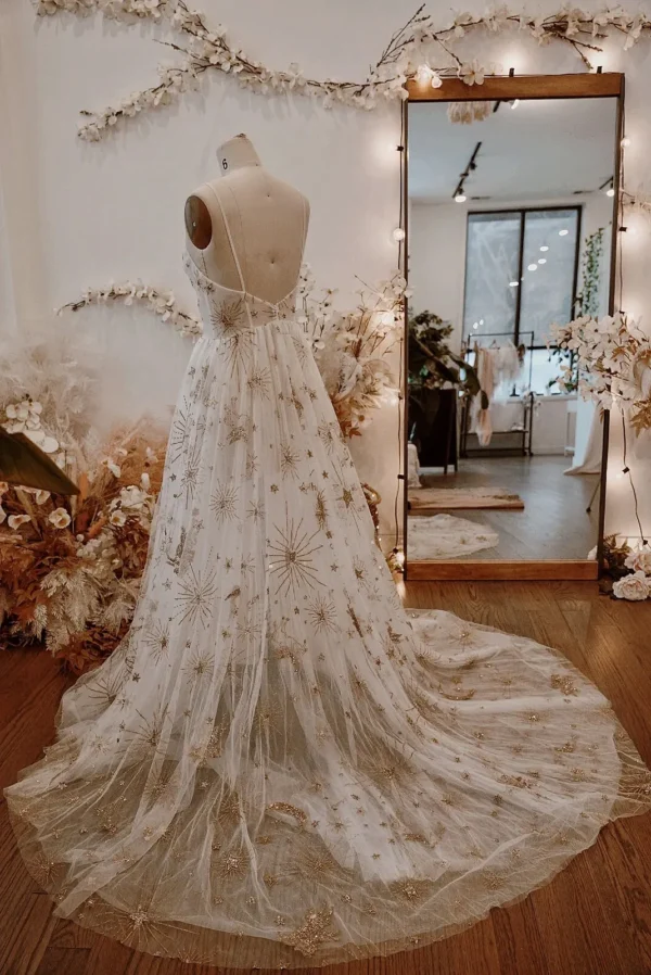 Elegant Ivory Tulle Boho Wedding Dress Golden Celestial Star Gown - Image 3