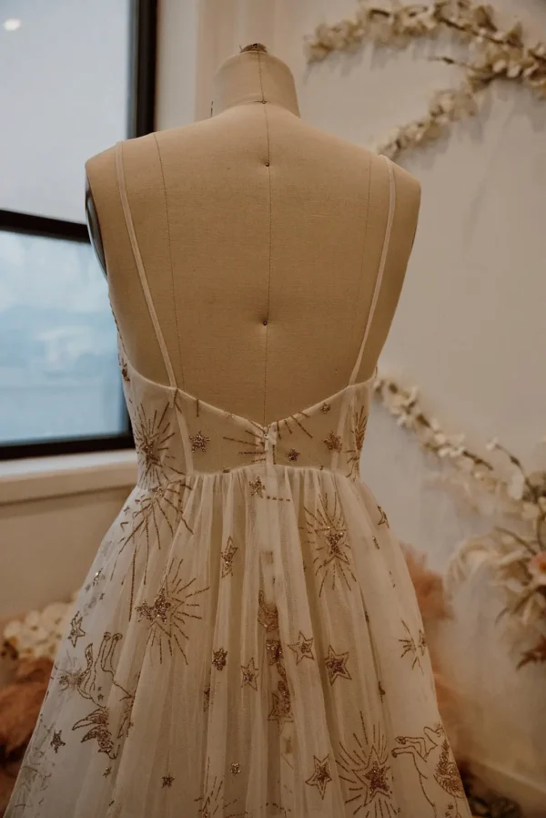 Elegant Ivory Tulle Boho Wedding Dress Golden Celestial Star Gown - Image 2