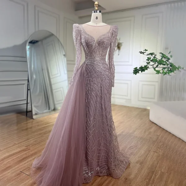 Gold Wedding Dresses: Mermaid Beaded Luxury Evening Gown with Overskirt - Image 4