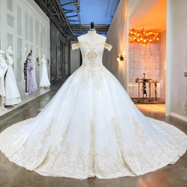 Hire Lnyer Off Shoulder Sweetheart Neck Gold Beading Wedding Dress