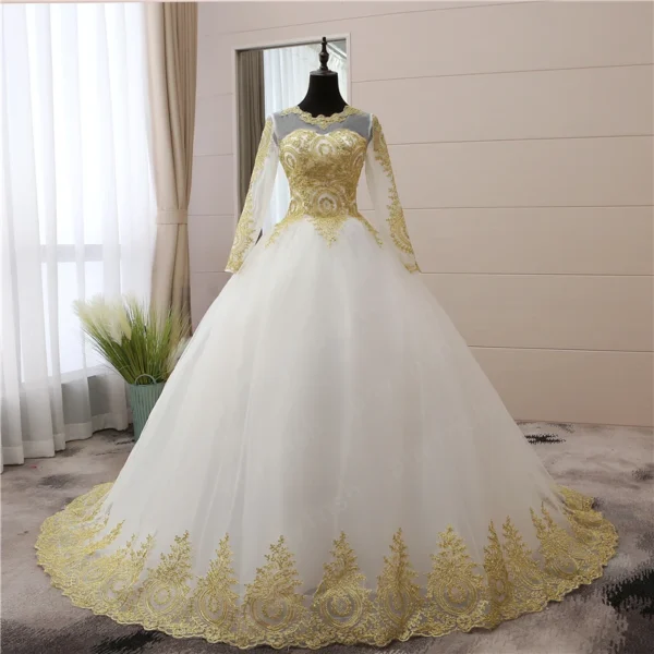 Customized Gold Lace Appliques Full Sleeve Muslim Wedding Dress