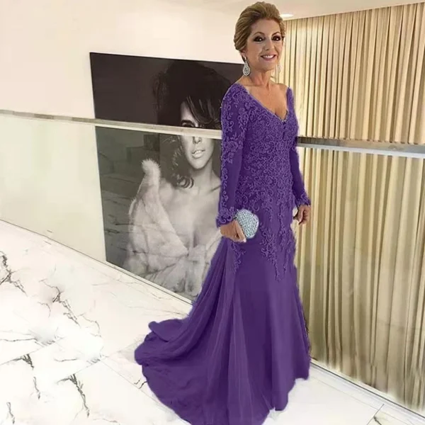 Gold Lace Mermaid V-Neck Long Sleeve Mother Wedding Dress - Image 2