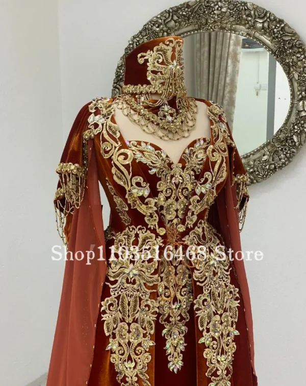 Luxury Orange Caftan Wedding Dress Gold Lace Applique Beaded - Image 2