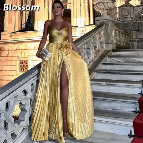 Gold Glitter Pleated A-Line Sleeveless High Split Evening Prom Dress