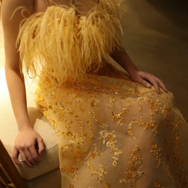 Elegant gold wedding dresses with overskirt slit for prom or parties