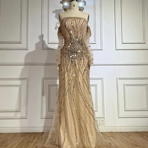 Gold wedding dresses, off-shoulder mermaid beaded elegant party gowns - Image 2