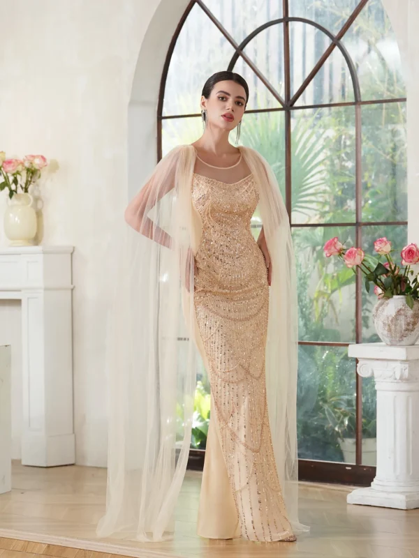 Gold Wedding Gown With Tulle Cap Mermaid Floor-Length Skirt Dress - Image 7