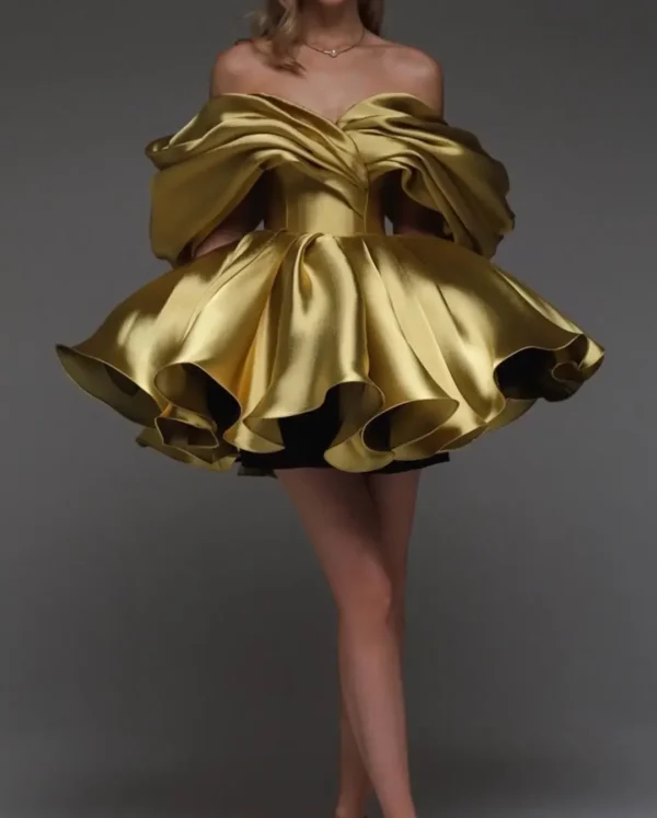 Gold Off Shoulder Lace-Up Corset Short Satin Mini Prom Party Dress