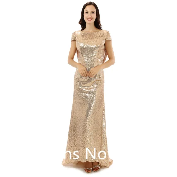 Gold wedding dresses, sparkle sequins mermaid short sleeve evening gown