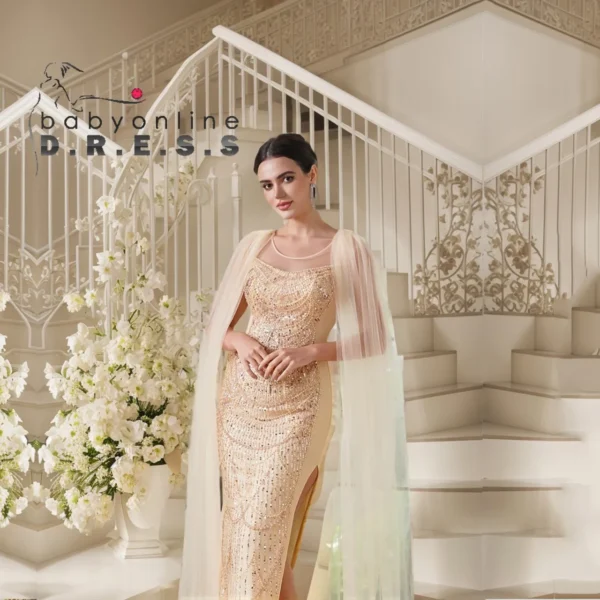 Gold Wedding Gown With Tulle Cap Mermaid Floor-Length Skirt Dress