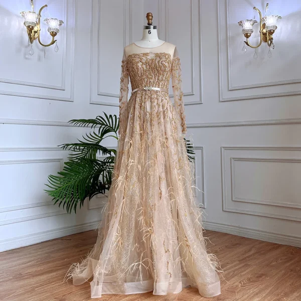 Gold wedding dresses, customized A-line beaded feathers luxury evening gown