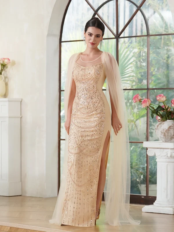 Gold Wedding Gown With Tulle Cap Mermaid Floor-Length Skirt Dress - Image 6