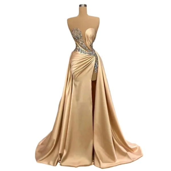 Champagne Gold Mermaid Prom Dress With Applique Beading Split - Image 3
