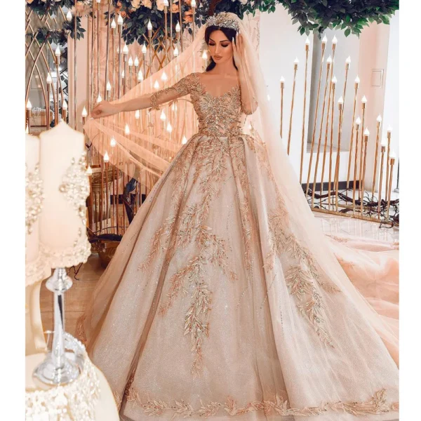 Gold Wedding Dresses: Champagne Floral Lace Appliqué Bridal Prom Dress