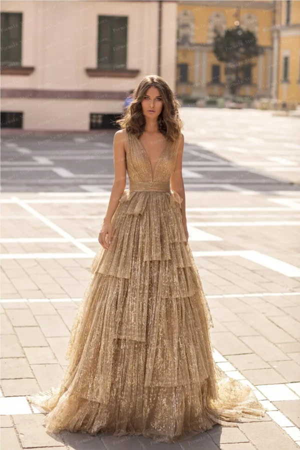 V-Neck Gold Ruffled Layered Tulle Evening Wedding Party Dress - Image 3