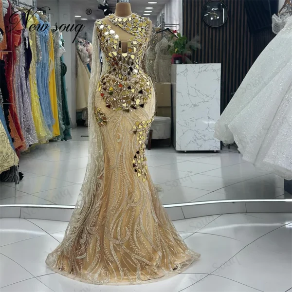 African Gold Sequin Evening Dress Elegant Arabic Cape Prom Gown