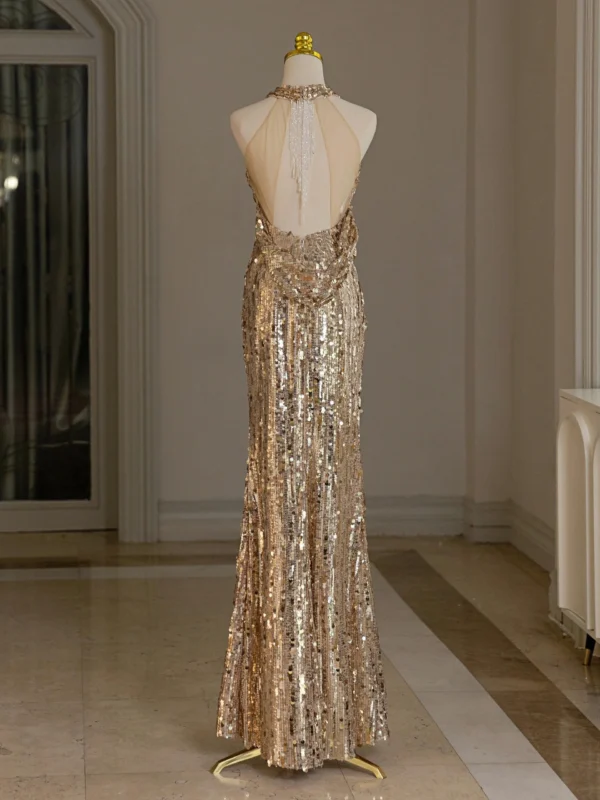 Gold V-Neck Evening Gown Sexy Tulle Backless Sleeveless Ball Dress - Image 4