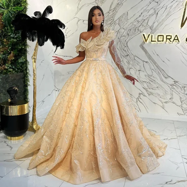 Gold Wedding Dresses Luxury One Shoulder Ball Gown Evening Dress Women