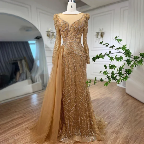 Gold Wedding Dresses: Mermaid Beaded Luxury Evening Gown with Overskirt
