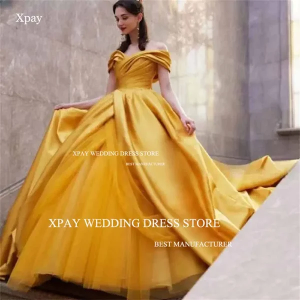 Gold A-Line Evening Dress Off Shoulder Satin Pleat Tulle Prom Gown