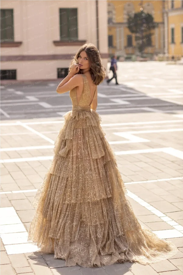 V-Neck Gold Ruffled Layered Tulle Evening Wedding Party Dress - Image 4