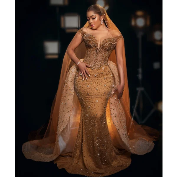 Gold Wedding Dresses: Beaded Sequined Bridal Gown with Detachable Train
