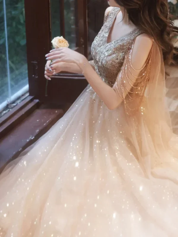 Gorgeous Gold Luxury Strapless Evening Dress Floor Length Gown - Image 8
