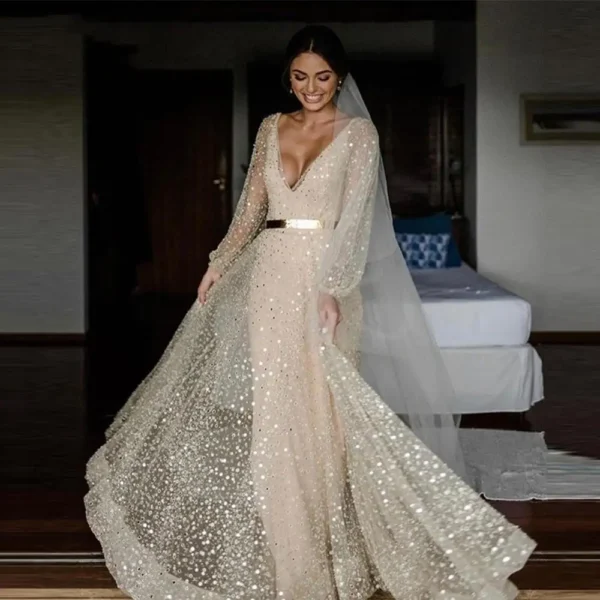 Gold Wedding Dresses: Champagne Glitter Two-Piece with Detachable Coat