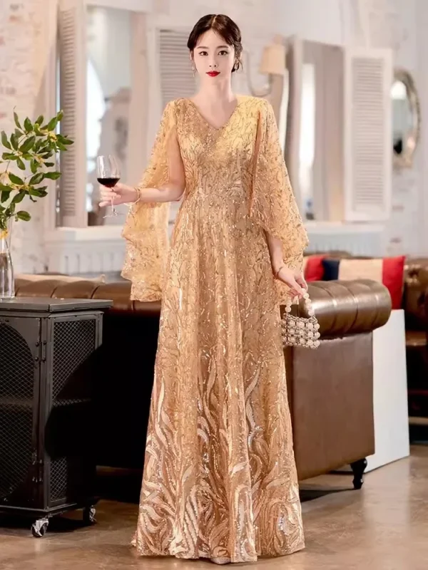 Customized Gold Wedding Dresses, V-Neck A-Line Sequin Long Bridal Gowns