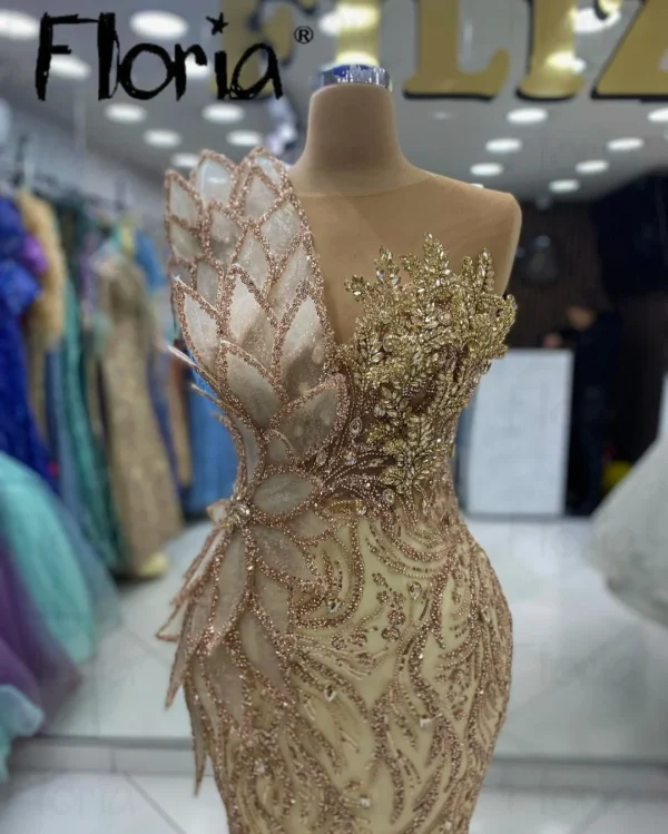 Gold 3D Leaf Design Evening Dress Crystal Corset Wedding Party Gown - Image 2
