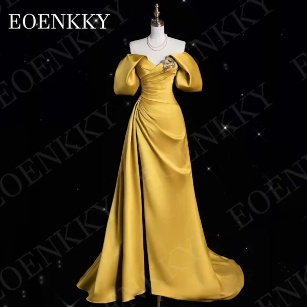 Off Shoulder Satin Gold Evening Dress Mermaid V Neck Beading Appliques