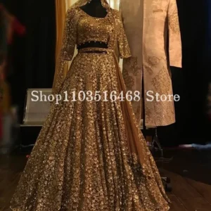 Luxury Gold Indian Wedding Dress with Veil and Lace Sequins Details