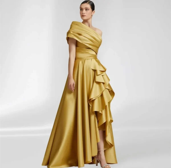Elegant Long Gold Satin One Shoulder A-Line Evening Gown Dress