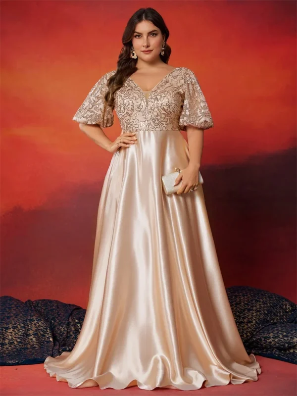 Gold wedding dresses: Plus size satin V-neck evening gown, floor-length