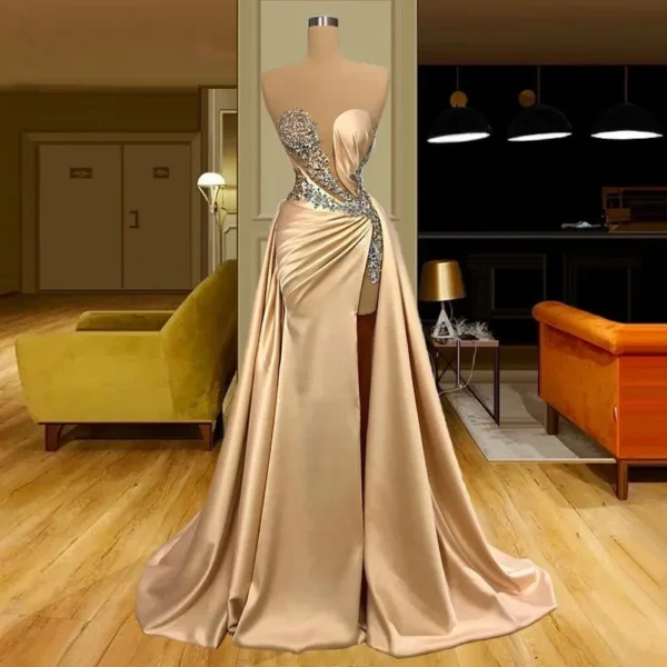Champagne Gold Mermaid Prom Dress With Applique Beading Split