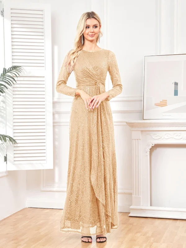 Gold Wedding Dresses Elegant Long Sleeve Sequin Evening Prom Dress