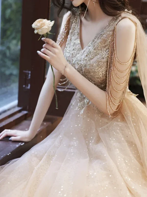 Gorgeous Gold Luxury Strapless Evening Dress Floor Length Gown - Image 4