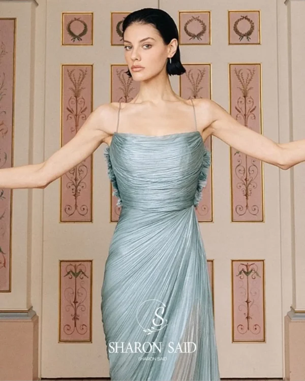 Elegant Gold Spaghetti Evening Dress with High Slit Arabic Gown - Image 2