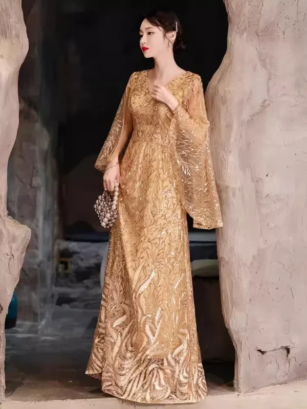 Customized Gold Wedding Dresses, V-Neck A-Line Sequin Long Bridal Gowns - Image 2