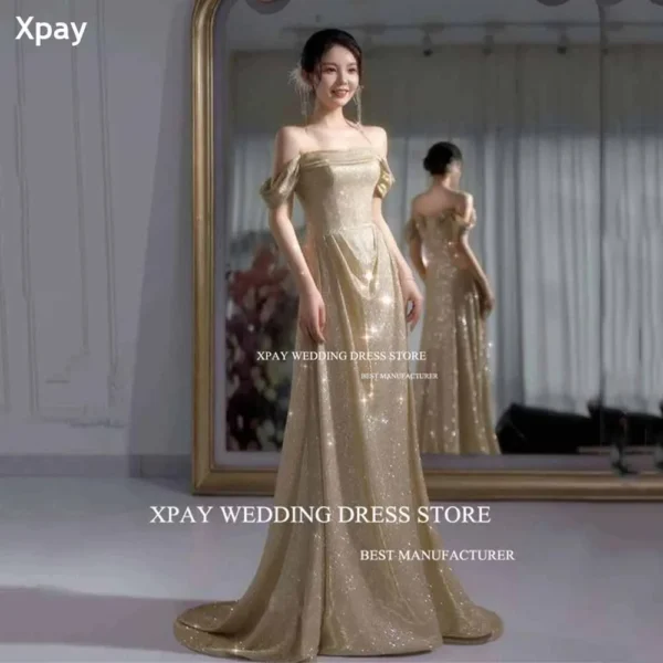 Boat Neck Off Shoulder Slim Evening Dress Gold Sparkly Formal Occasion