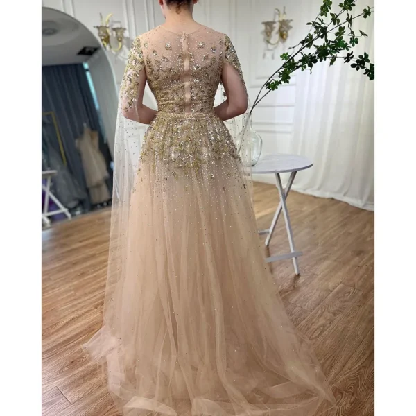 Gold Wedding Dresses A Line Cape Sleeves Beaded Evening Gown - Image 2