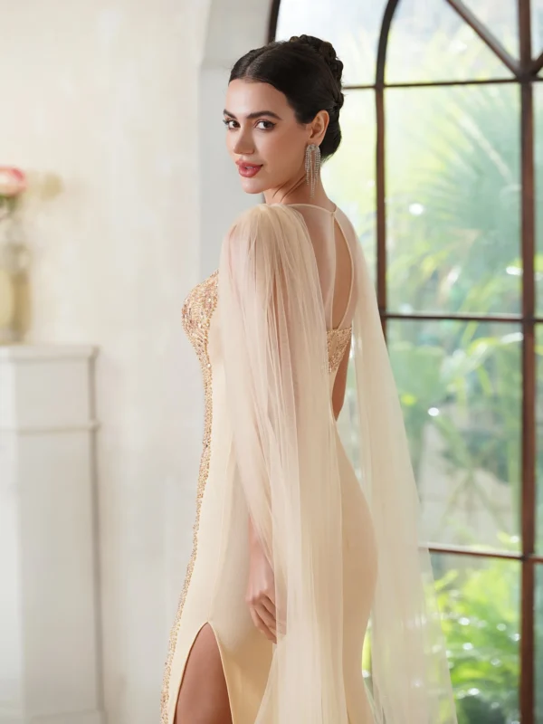 Gold Wedding Gown With Tulle Cap Mermaid Floor-Length Skirt Dress - Image 2