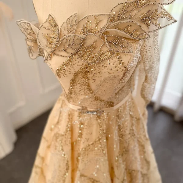 Gold Wedding Dresses Luxury One Shoulder Ball Gown Evening Dress Women - Image 2